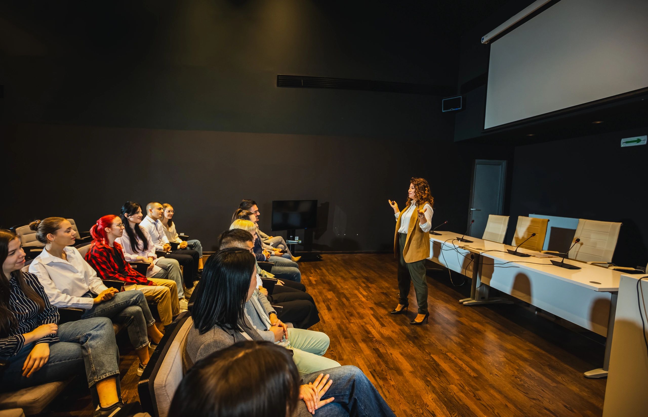 Corporate event speaker and audience