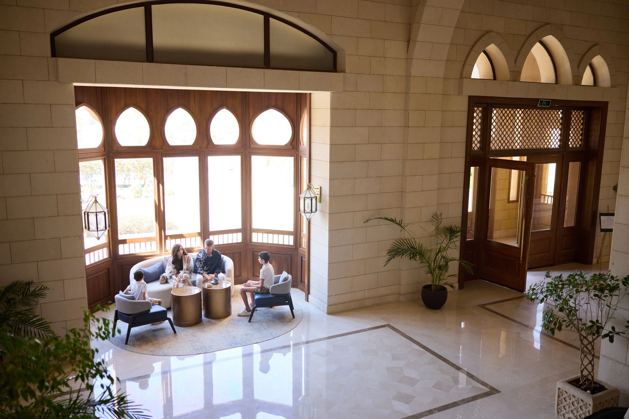 Elegant hotel venue interior with guests socializing